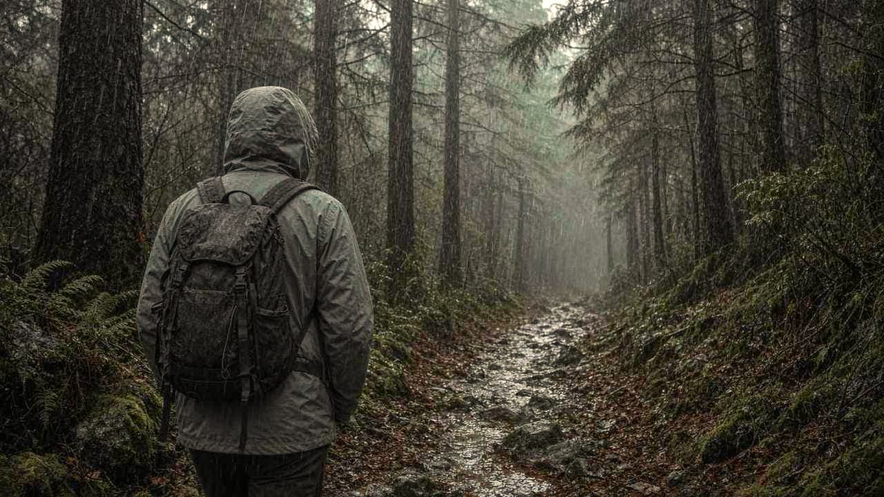 A matte rain shell on a hiker seen from behind in steady rain and wet brush, hood up