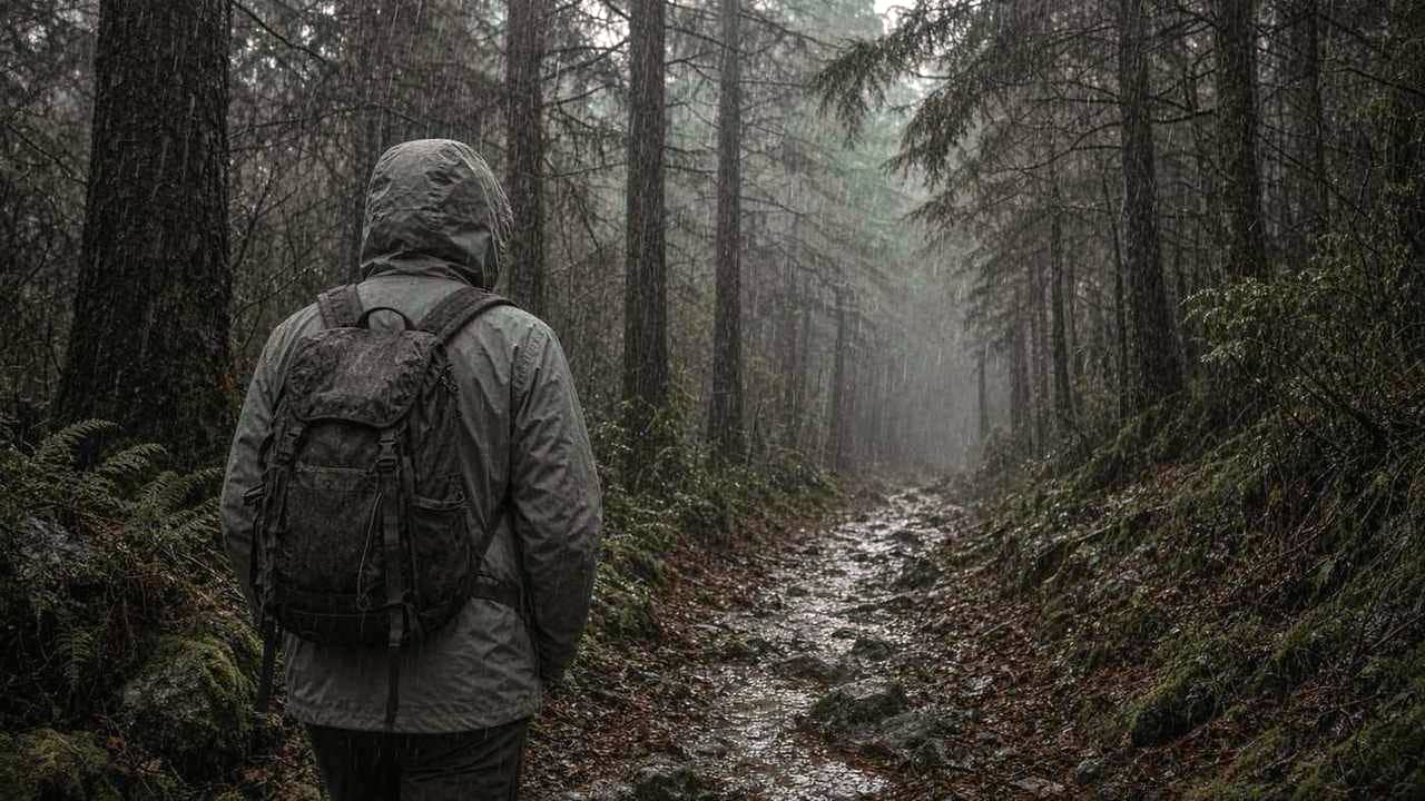 A matte rain shell on a hiker seen from behind in steady rain and wet brush, hood up