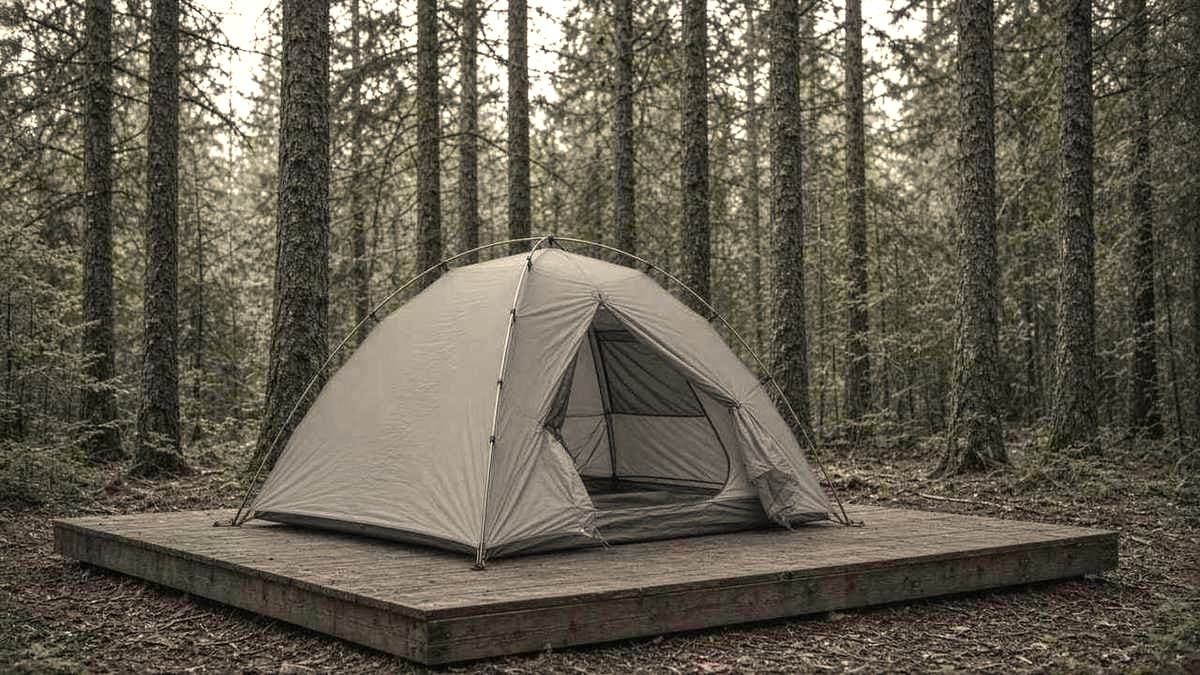 A freestanding two-person double-wall dome tent pitched on a wooden tent platform in a dark conifer forest