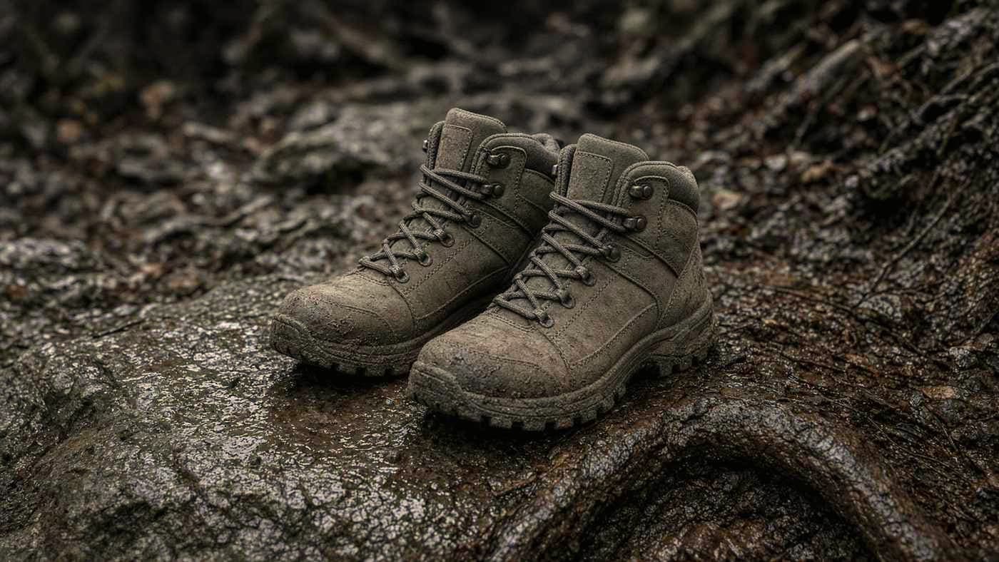 A pair of mid hiking boots with a roomy toe box on wet rock and roots on a muddy trail