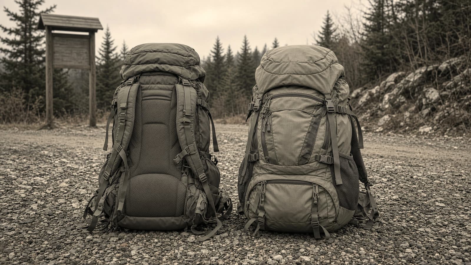 A loaded 65-liter internal-frame backpack leaning on a granite boulder at a gravel trailhead, hip belt and load lifters