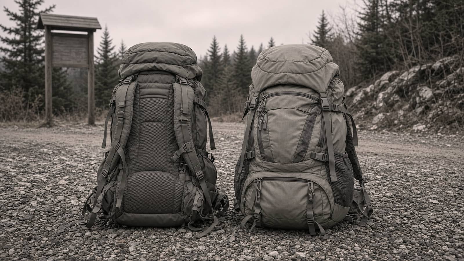 A loaded 65-liter internal-frame backpack leaning on a granite boulder at a gravel trailhead, hip belt and load lifters