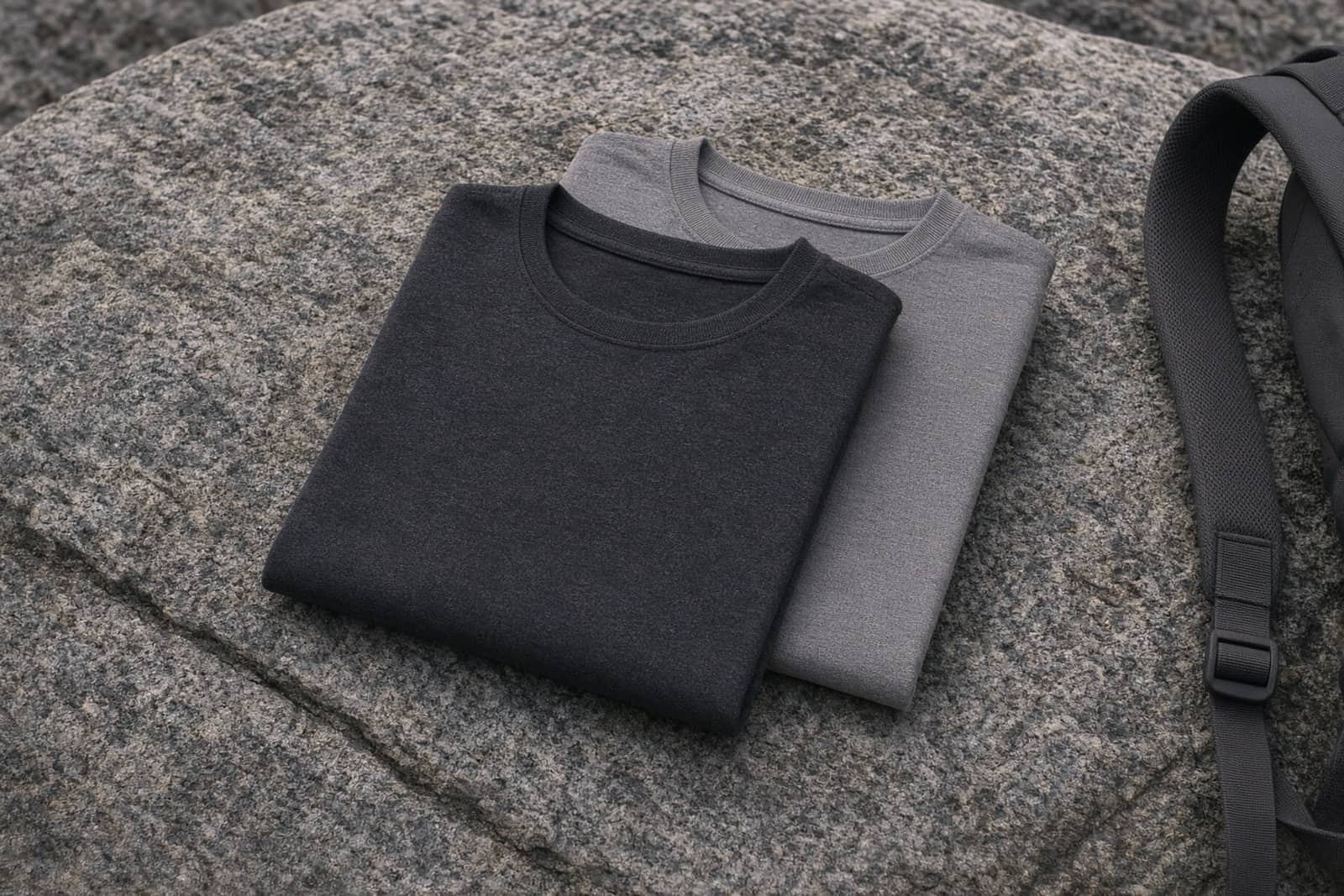 Two folded hiking base-layer tees on a granite slab next to a pack shoulder strap