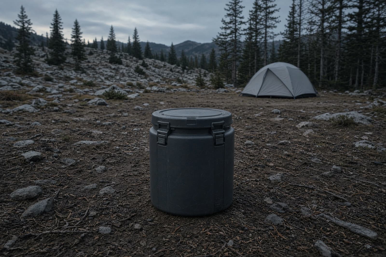 A hard bear canister set on bare ground well away from a tent in a subalpine camp at dusk