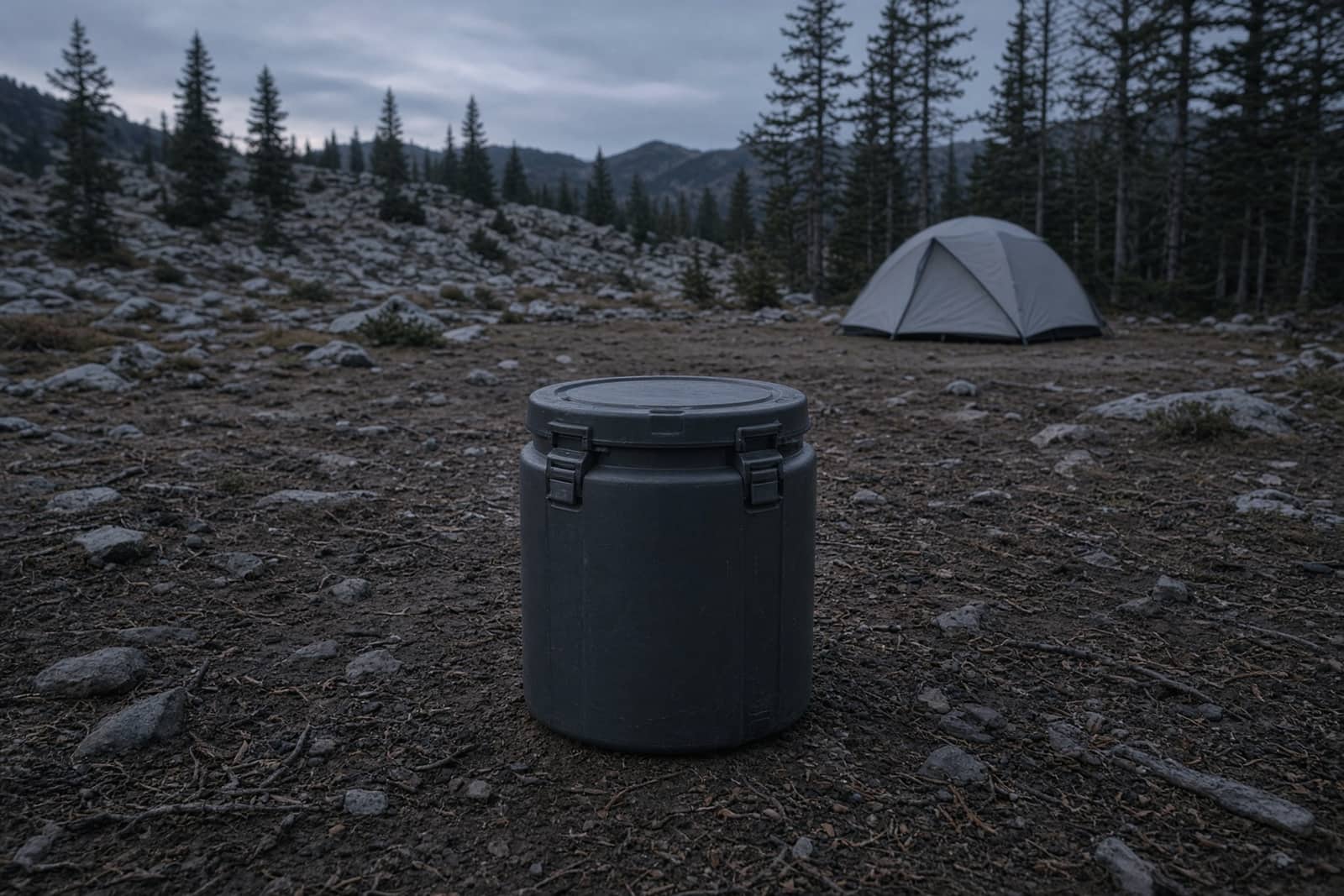 A hard bear canister set on bare ground well away from a tent in a subalpine camp at dusk