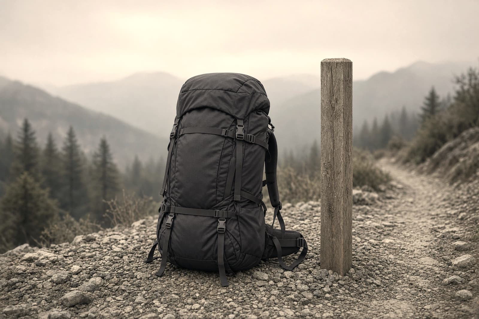 A plain 55-liter framed pack standing on trailhead gravel next to a wooden trail sign post
