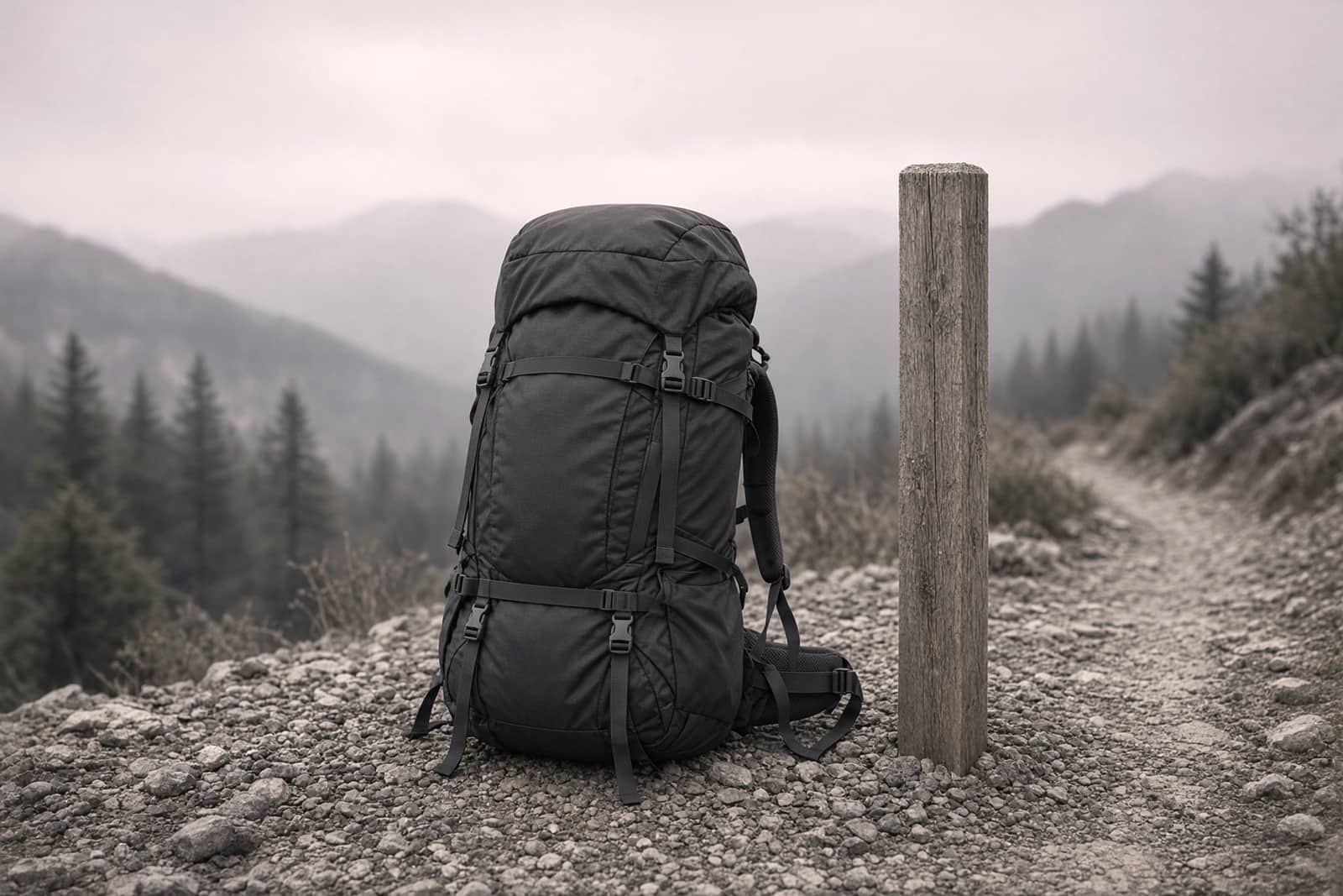 A plain 55-liter framed pack standing on trailhead gravel next to a wooden trail sign post