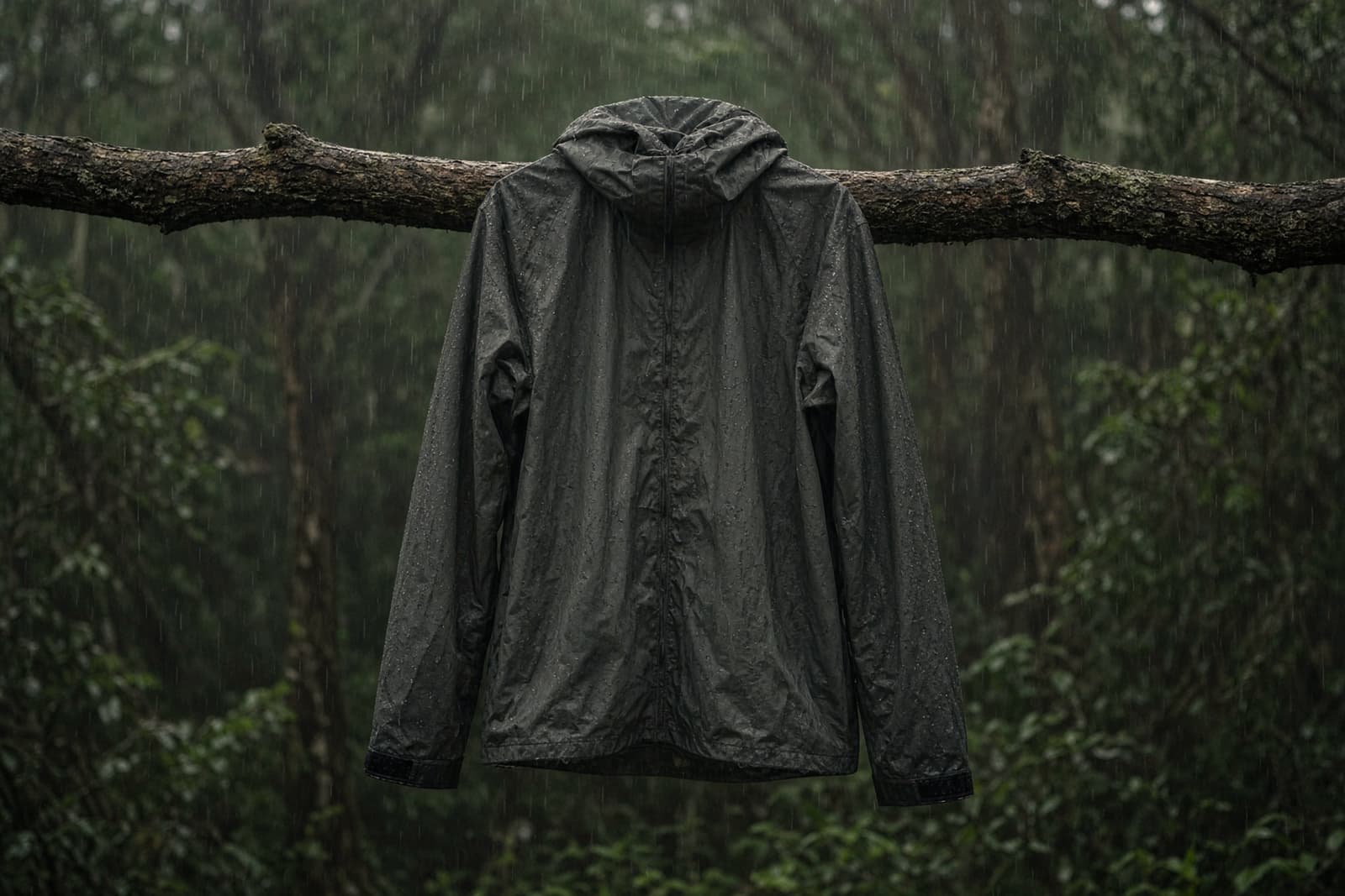 A rain jacket hung on a branch in steady rain, water beading on the fabric