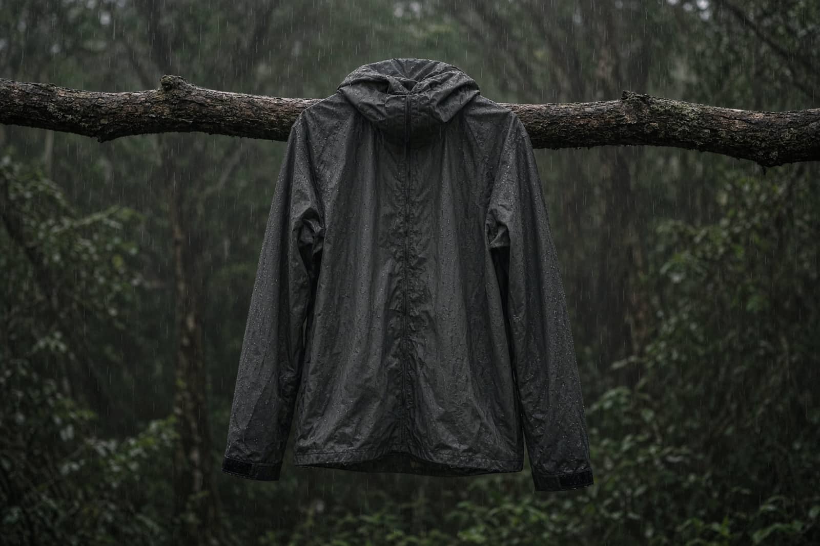 A rain jacket hung on a branch in steady rain, water beading on the fabric