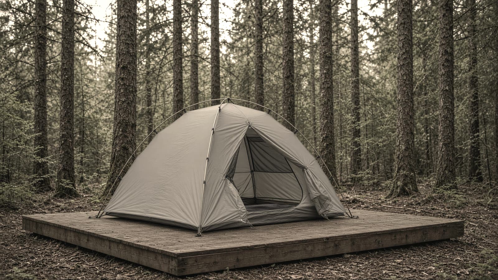 A simple two-person dome tent with full fly on a gravel campsite pad, edge of a weathered picnic table, dusk