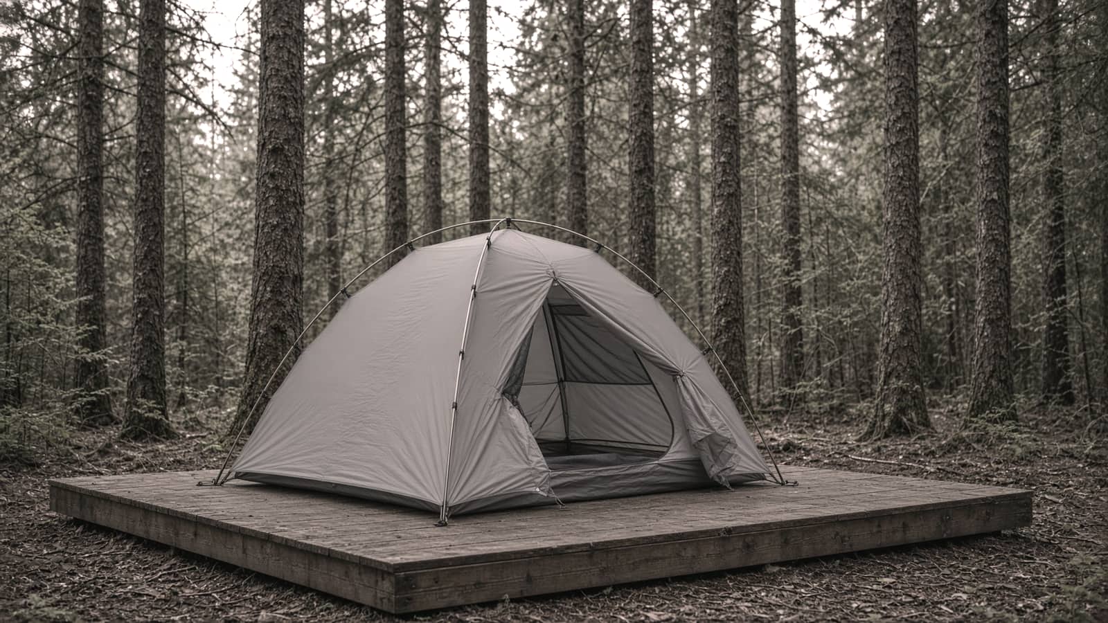 A simple two-person dome tent with full fly on a gravel campsite pad, edge of a weathered picnic table, dusk
