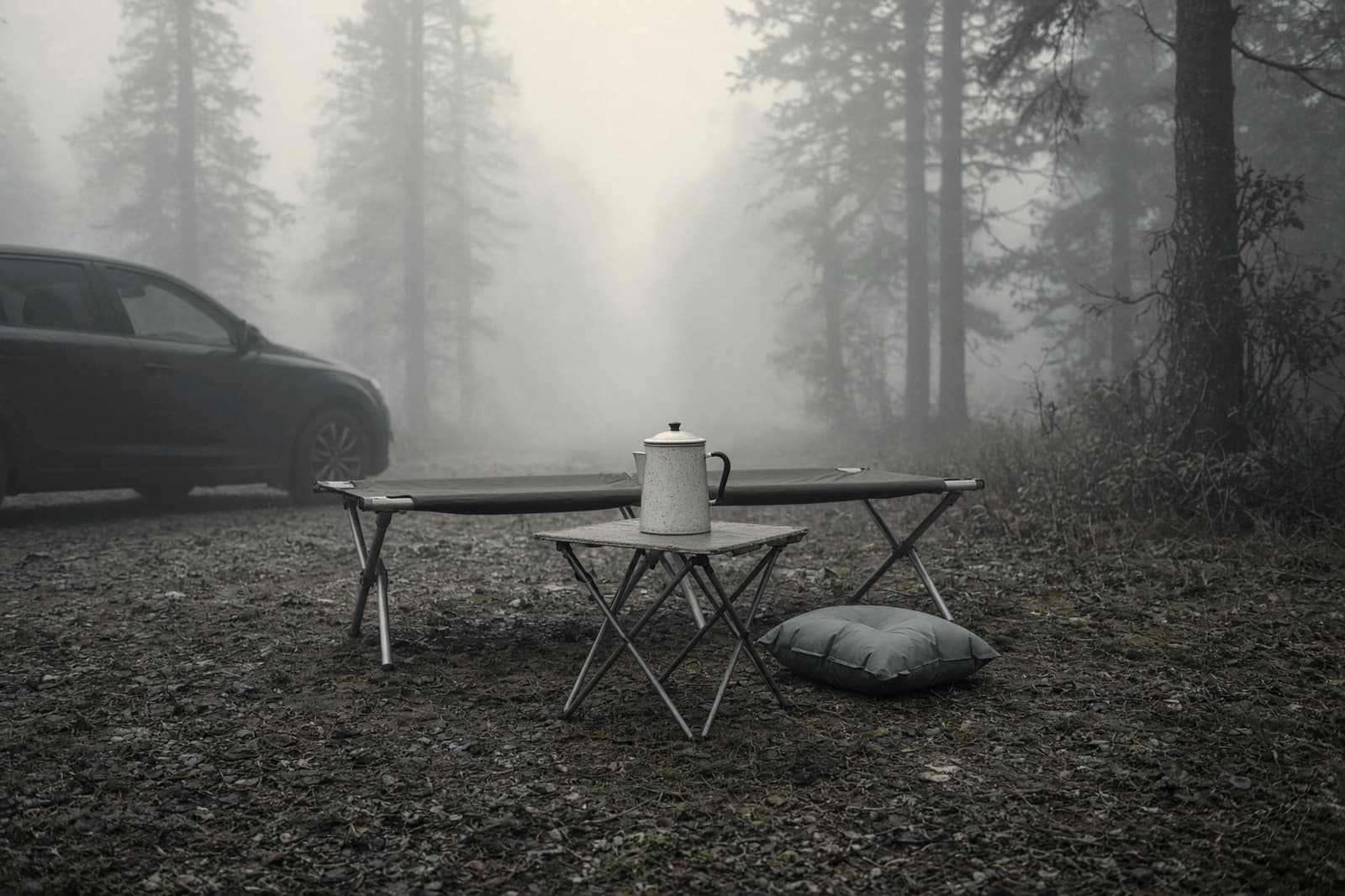 A folding cot, a roll-top table, an inflatable pillow and an enamel percolator at a misty car campsite