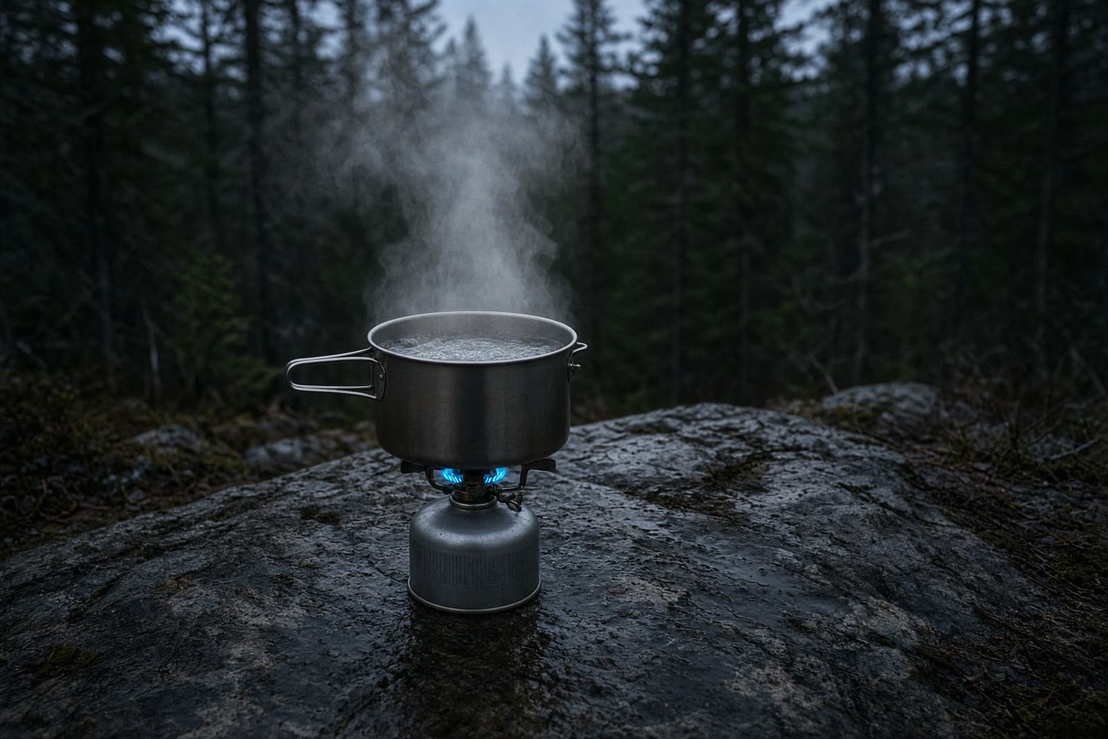 A small canister stove boiling a pot on a flat rock, steam rising, low blue flame, blue-hour light