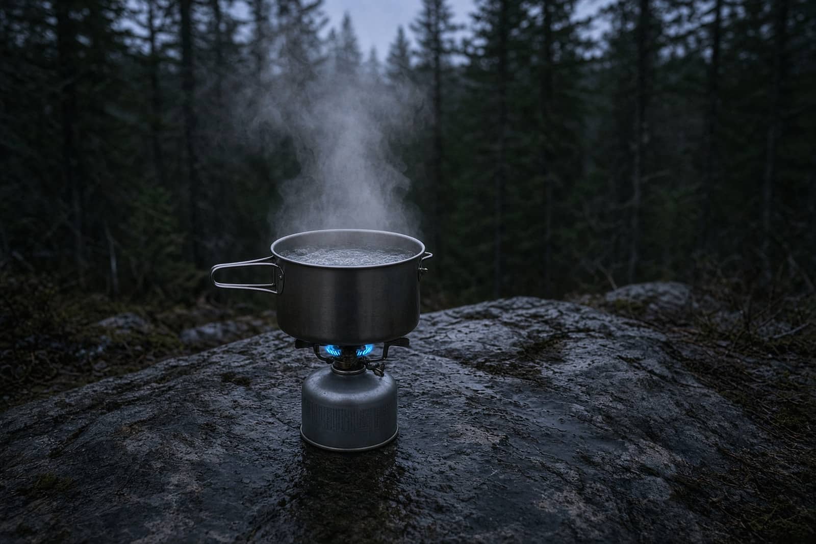 A small canister stove boiling a pot on a flat rock, steam rising, low blue flame, blue-hour light