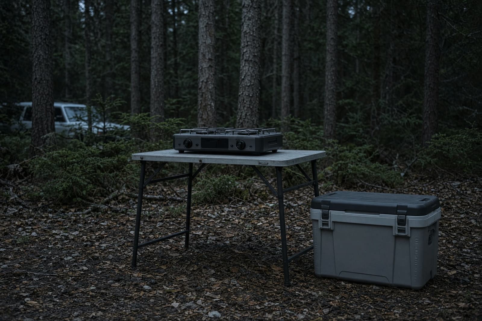 A two-burner camp stove on a folding table beside a hard-sided cooler at a forest car campsite, dusk