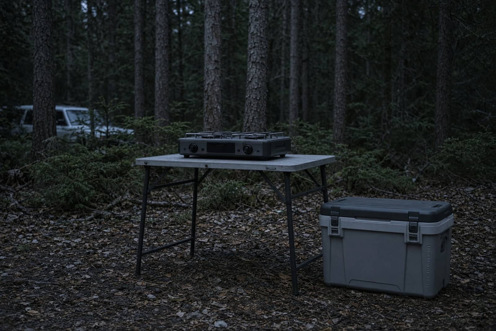 A two-burner camp stove on a folding table beside a hard-sided cooler at a forest car campsite, dusk