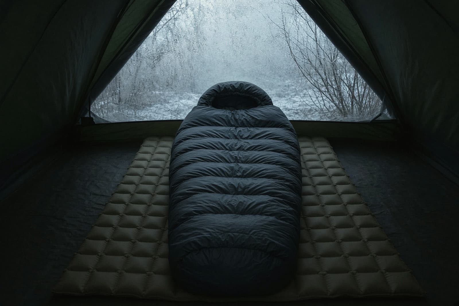 A thick hooded down bag on a high-insulation pad inside a tent with a frost-rimed fly, dawn