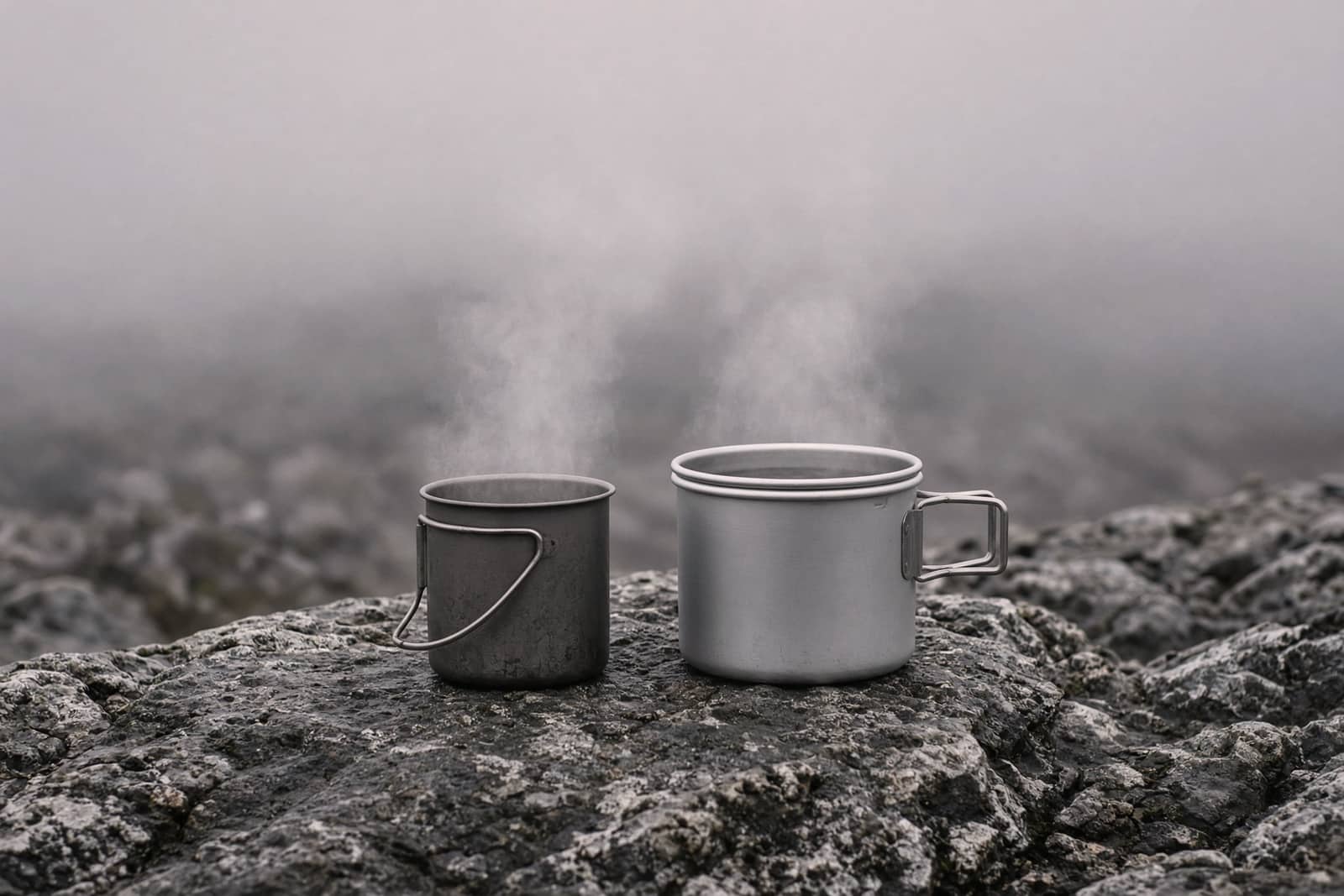 A titanium solo pot and a larger aluminum pot side by side on a stone, light steam