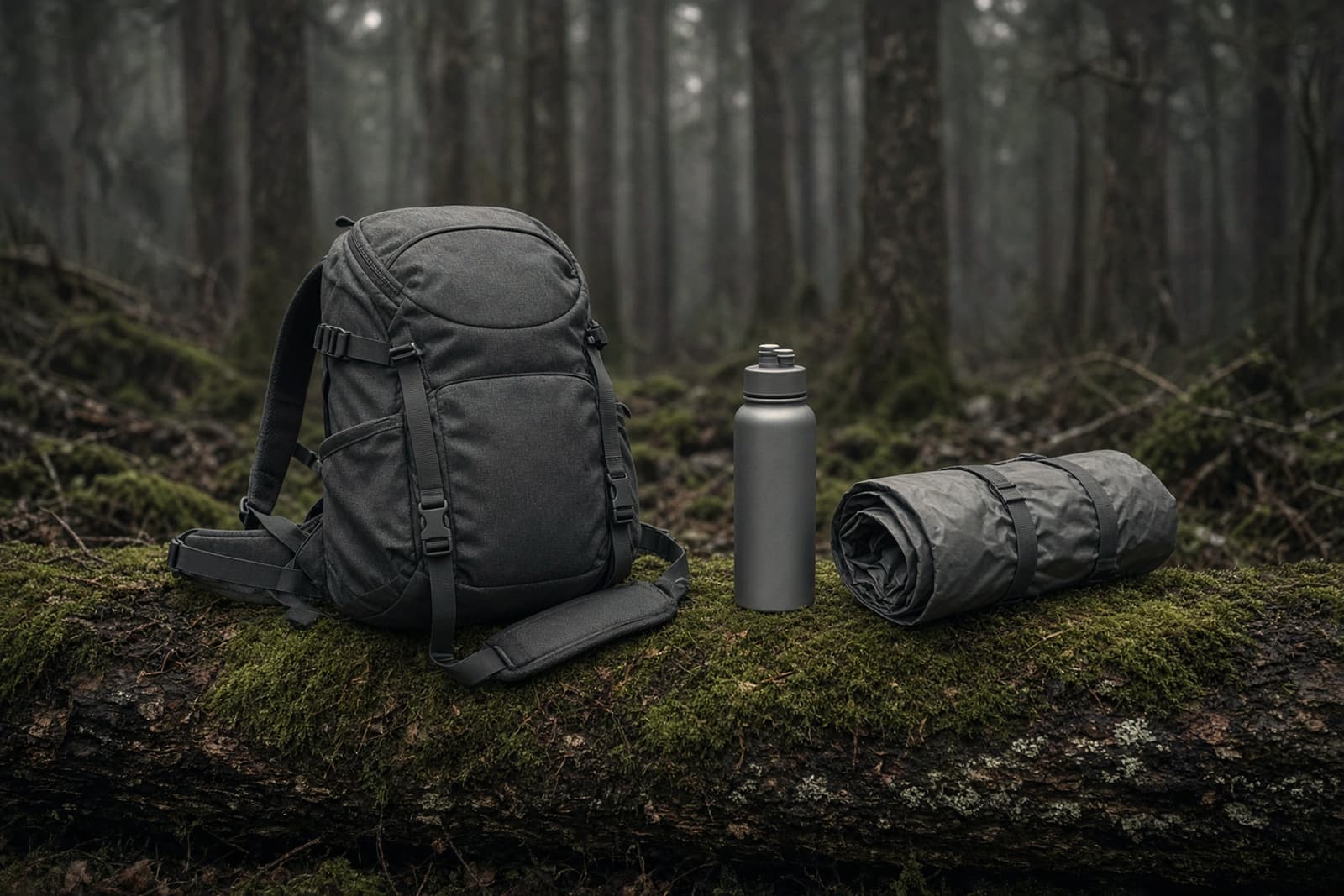 A small 22-liter daypack with a hip belt resting on a mossy log beside a water bottle and a rolled rain shell