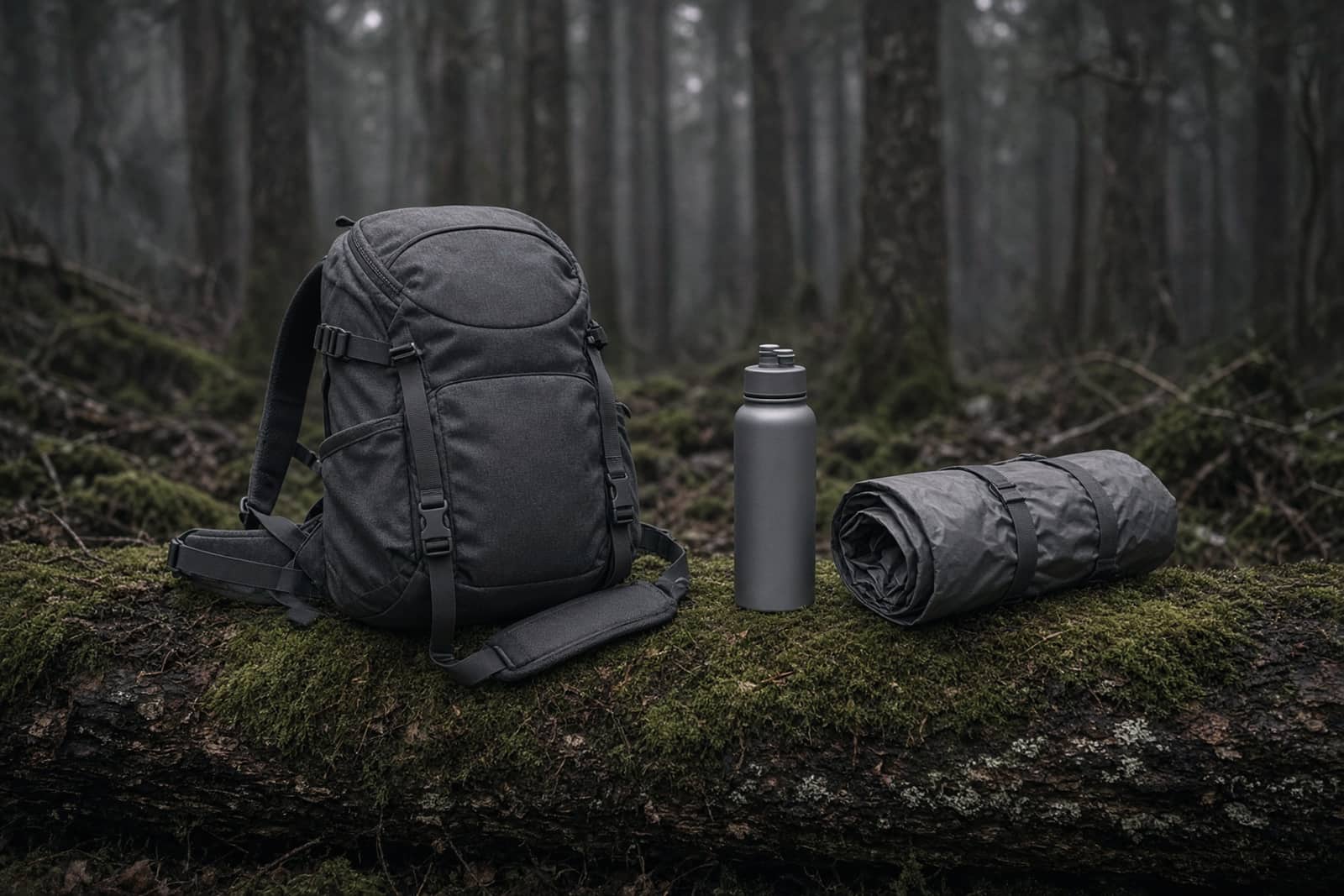 A small 22-liter daypack with a hip belt resting on a mossy log beside a water bottle and a rolled rain shell