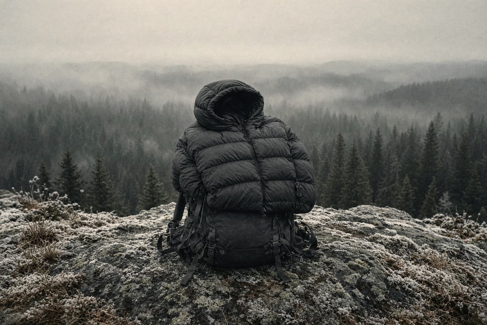 A hooded down puffy jacket draped over a backpack at a frosty overlook, breath-cold morning