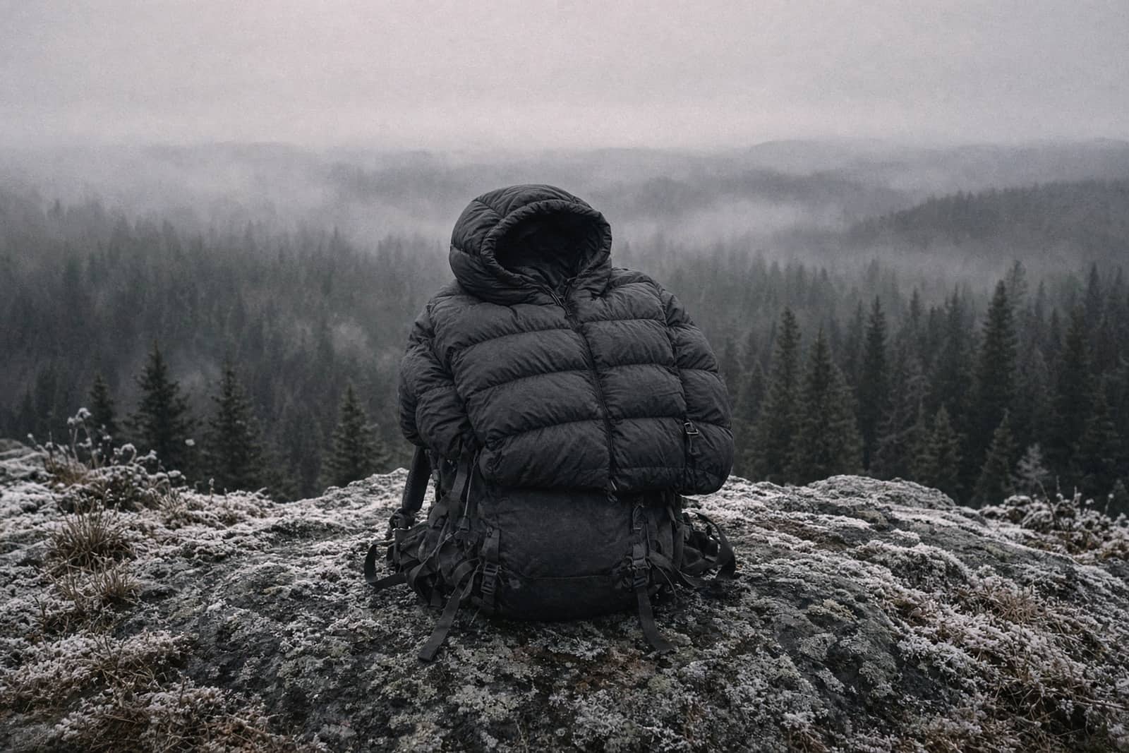 A hooded down puffy jacket draped over a backpack at a frosty overlook, breath-cold morning