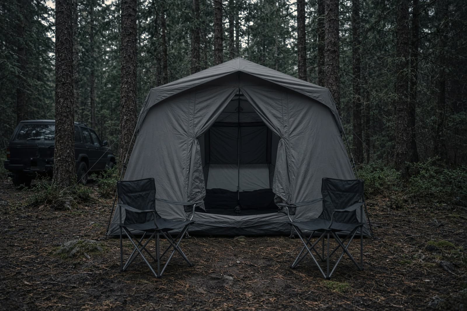 A tall family cabin tent with door open at a car campsite, two camp chairs in front, dusk
