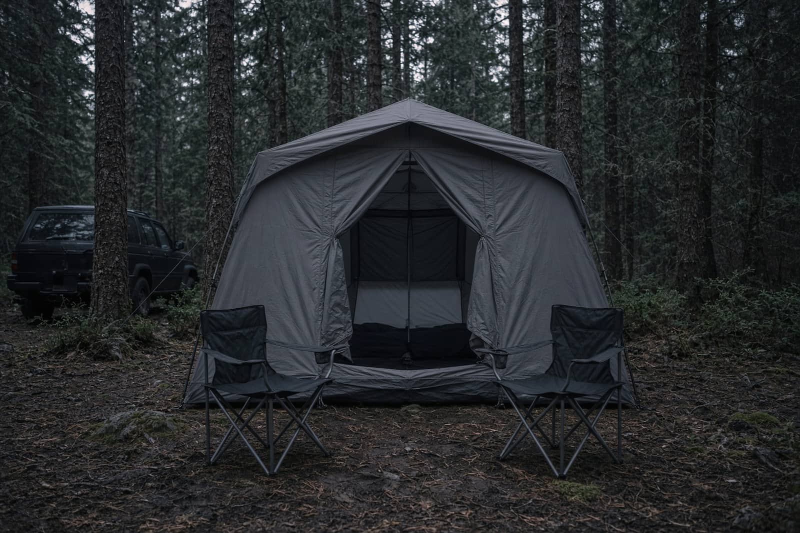 A tall family cabin tent with door open at a car campsite, two camp chairs in front, dusk