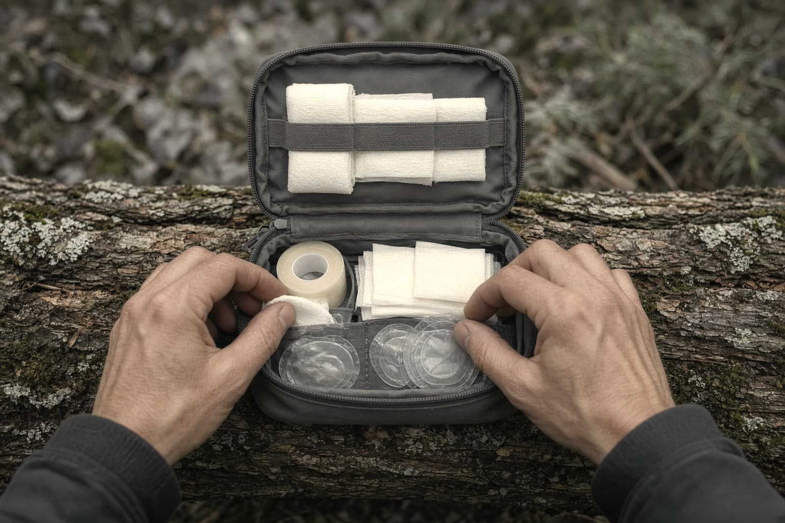 An open small first-aid pouch on a log showing tape, gauze and blister patches, hands sorting it
