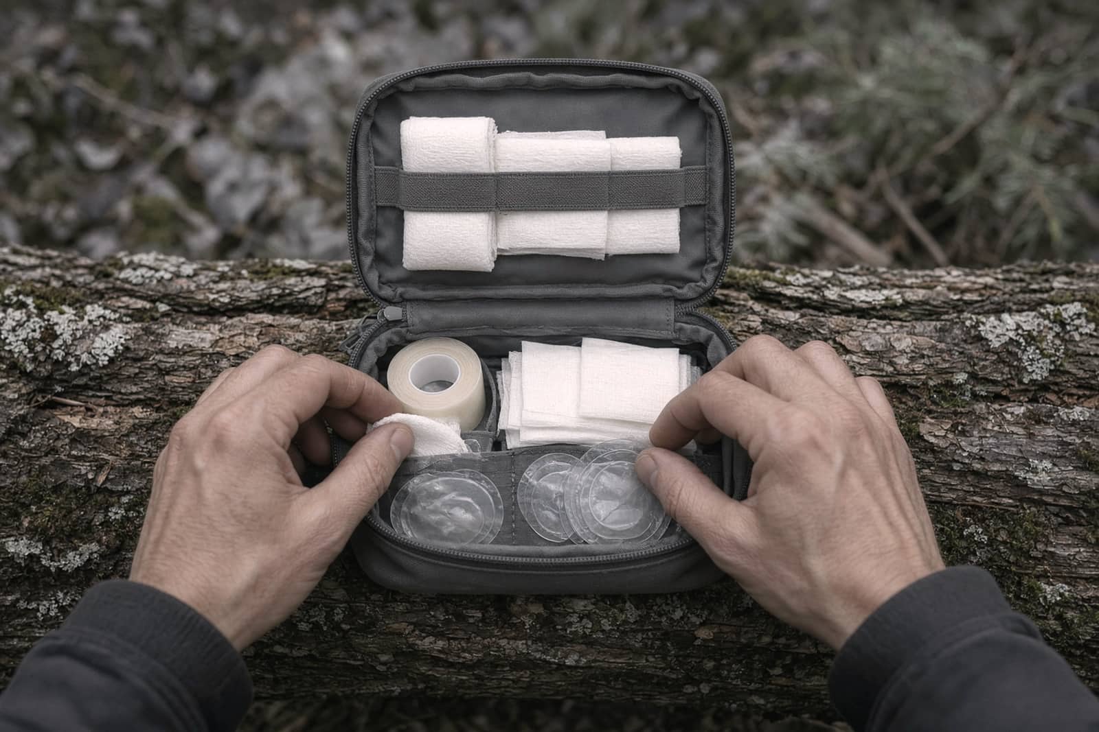 An open small first-aid pouch on a log showing tape, gauze and blister patches, hands sorting it