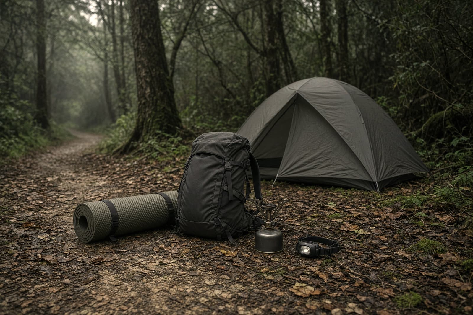 A compact first-overnight kit beside a small pitched tent near a wooded trailhead: pack, rolled pad, stove, headlamp