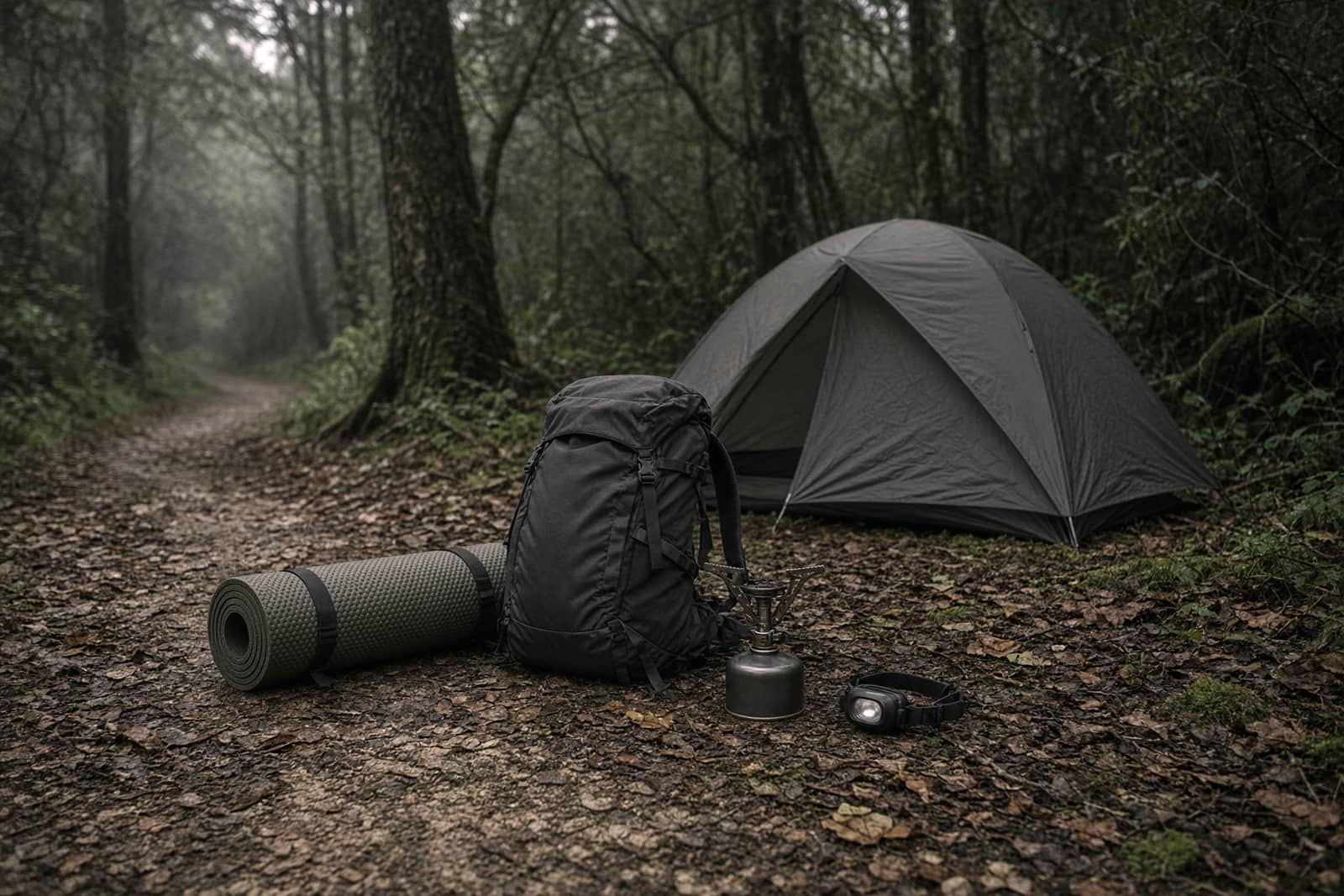 A compact first-overnight kit beside a small pitched tent near a wooded trailhead: pack, rolled pad, stove, headlamp