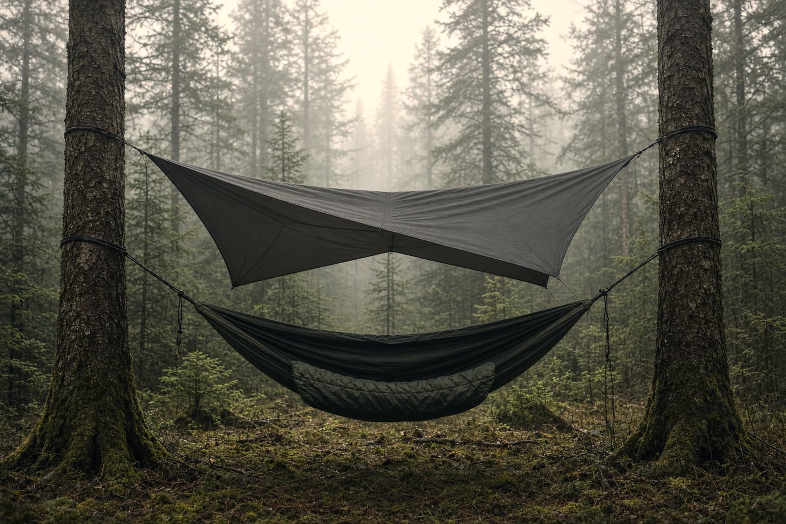 A gathered-end camping hammock between two conifers with a tarp pitched above and an underquilt slung beneath, mist