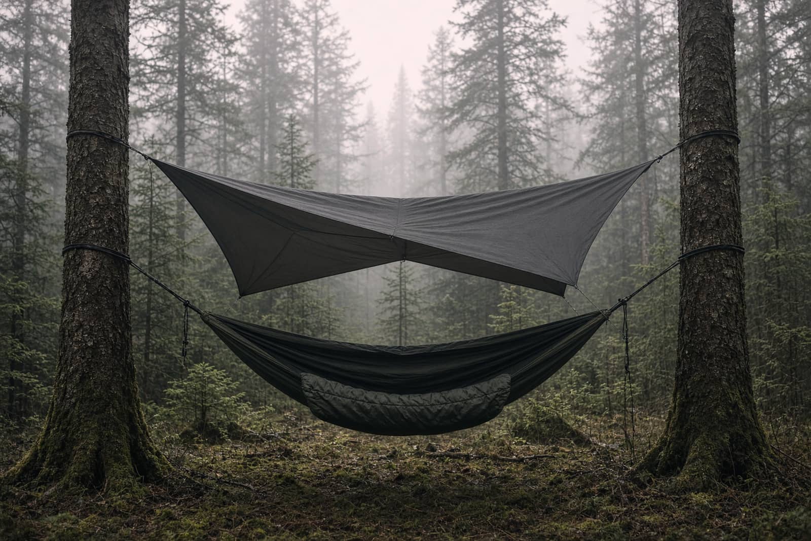 A gathered-end camping hammock between two conifers with a tarp pitched above and an underquilt slung beneath, mist