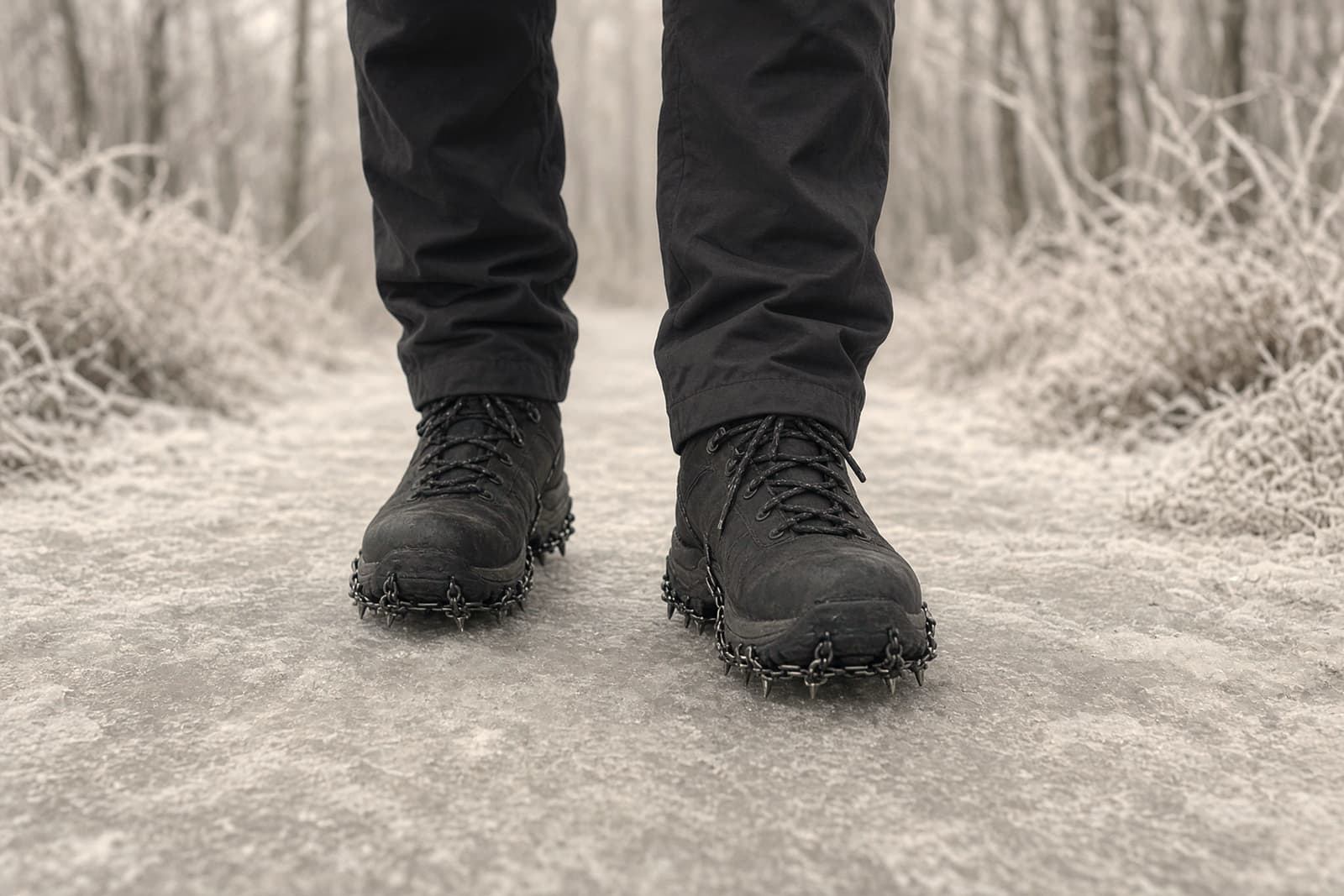 Boots wearing chain microspikes on an icy, packed forest trail with frost