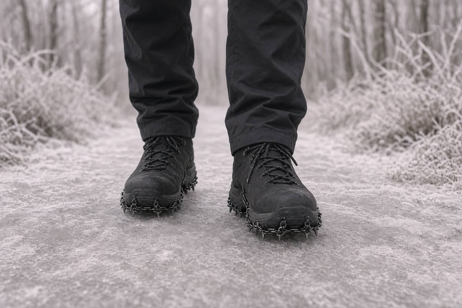 Boots wearing chain microspikes on an icy, packed forest trail with frost