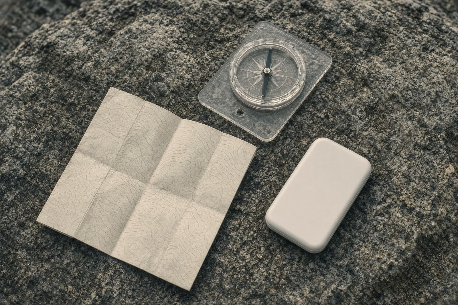 A folded topo map, a baseplate compass and a small satellite messenger on a rock, map lines soft and unreadable