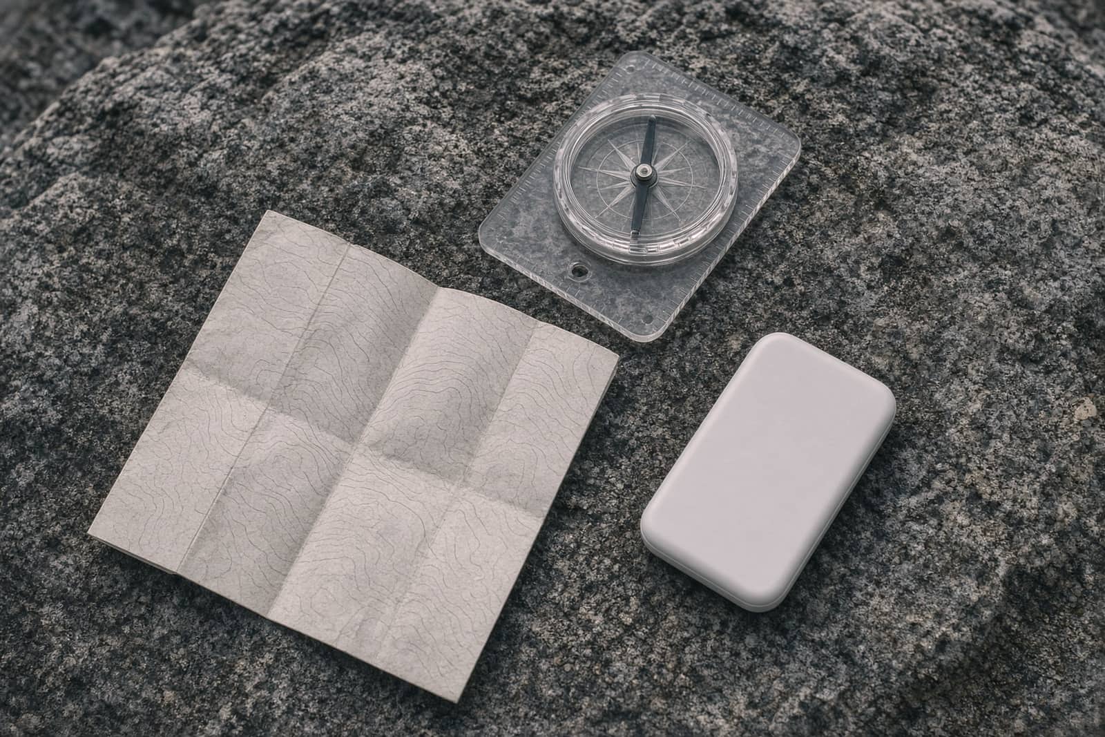A folded topo map, a baseplate compass and a small satellite messenger on a rock, map lines soft and unreadable