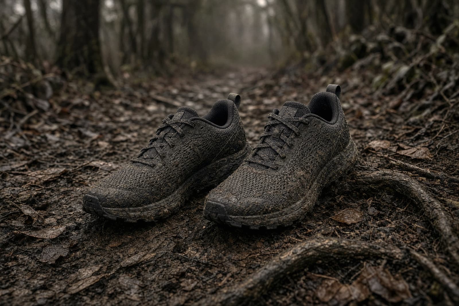 A pair of mesh trail-running shoes on a rooty singletrack, mud spatter, low camera angle