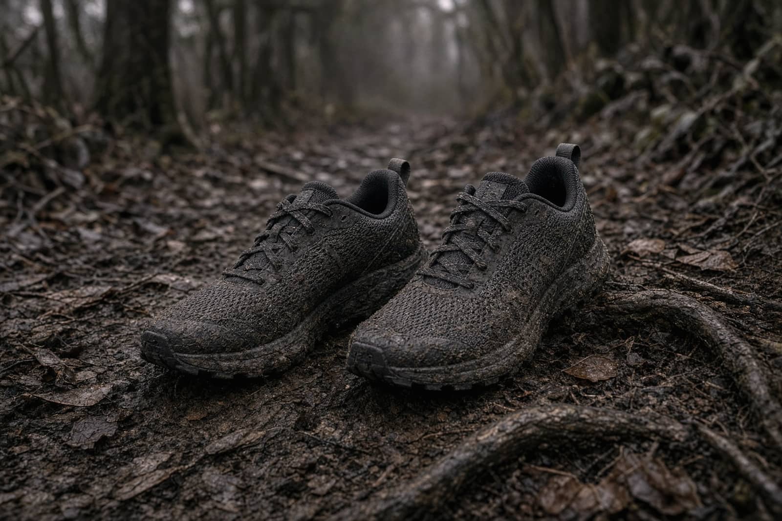A pair of mesh trail-running shoes on a rooty singletrack, mud spatter, low camera angle