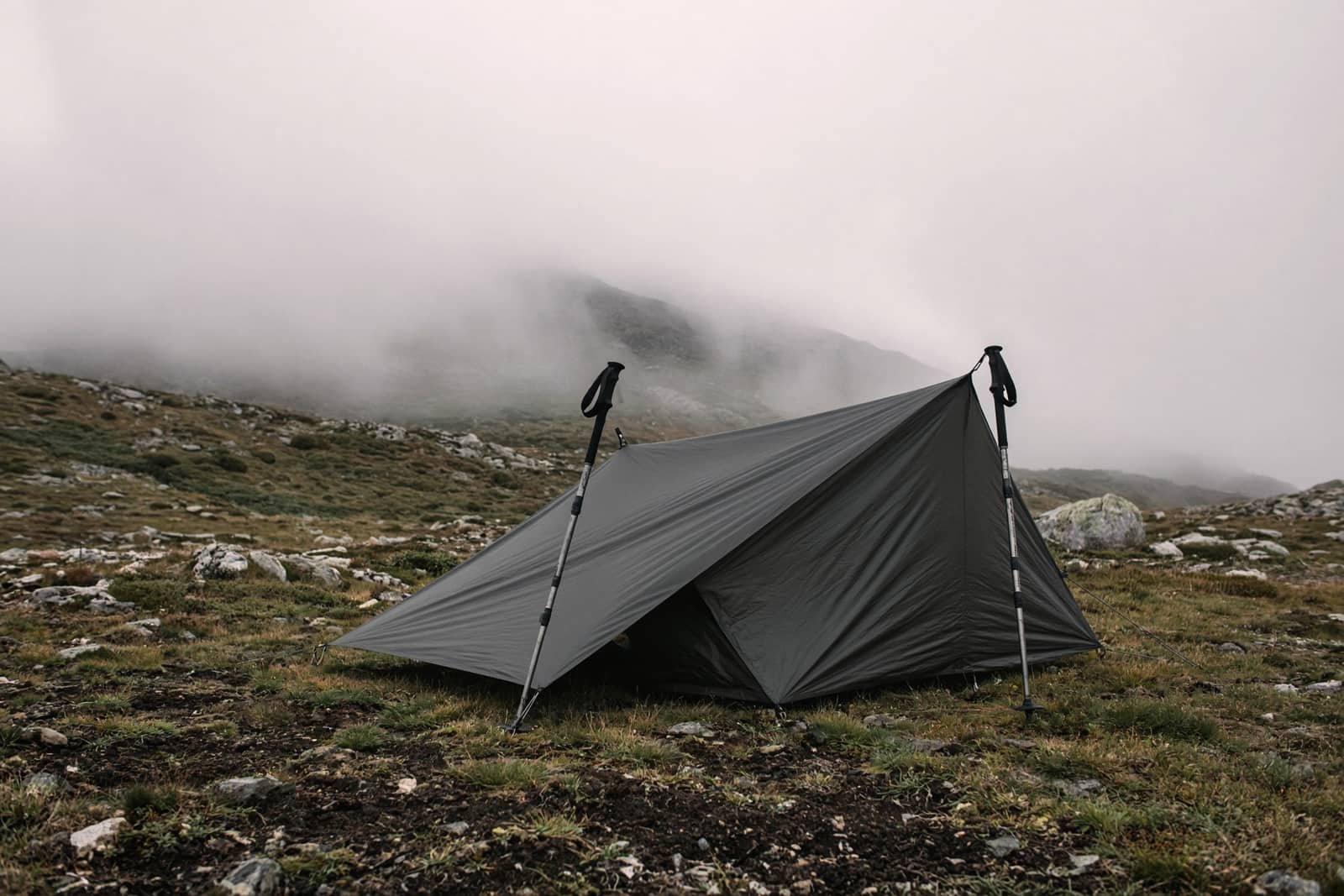 A single taut trekking-pole shelter pitched on alpine meadow soil, the two trekking poles visible as its frame, mist on the