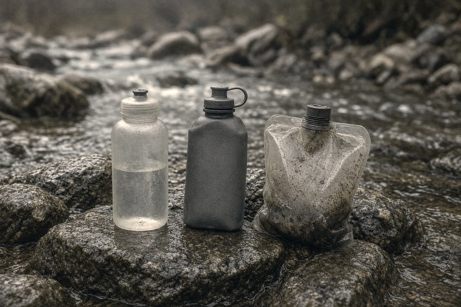 A hard water bottle, a soft flask and a dirty-water bag on wet stream rocks