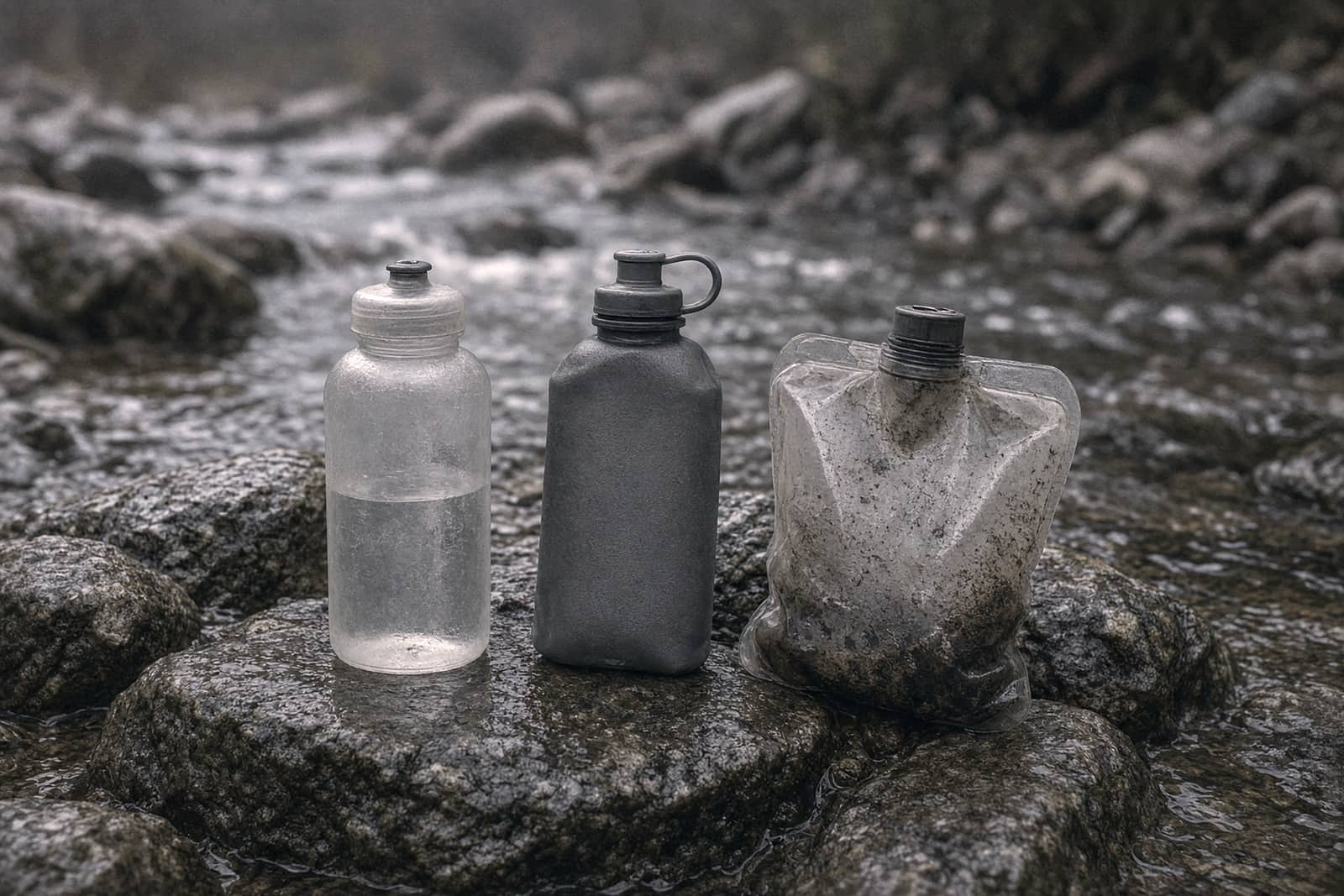 A hard water bottle, a soft flask and a dirty-water bag on wet stream rocks