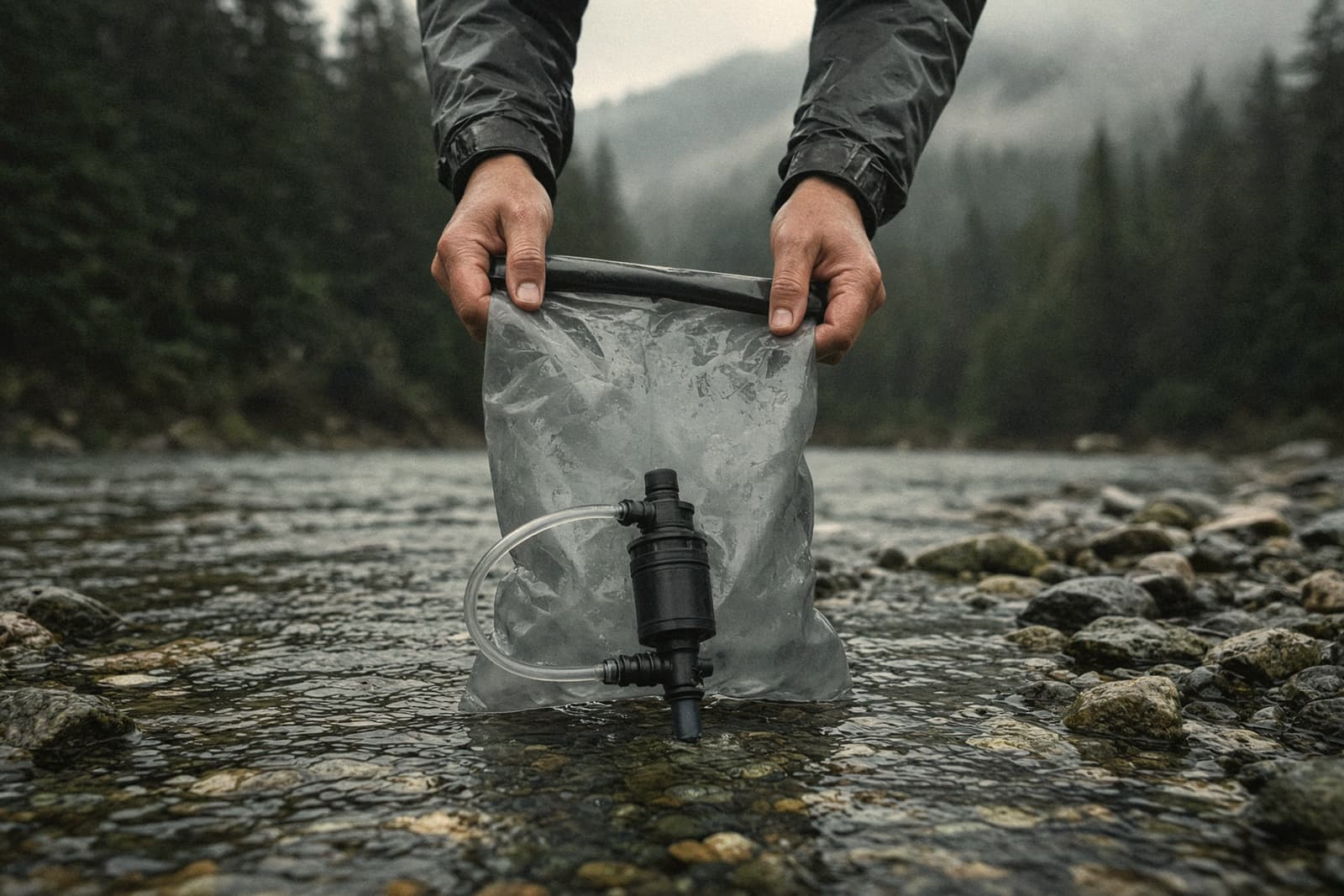 Hands filling a soft water bag with an attached squeeze filter in a clear mountain stream over pebbles