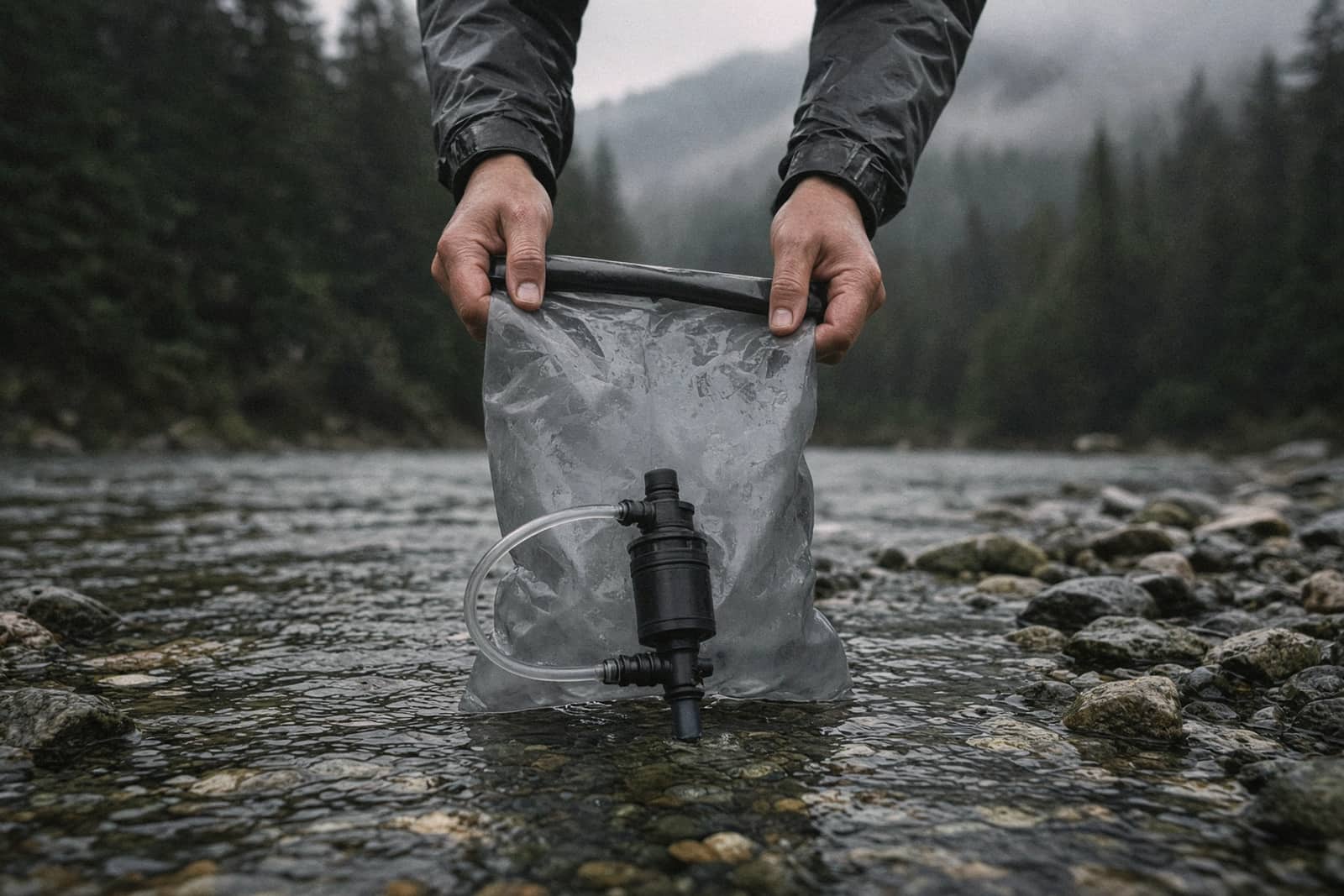 Hands filling a soft water bag with an attached squeeze filter in a clear mountain stream over pebbles