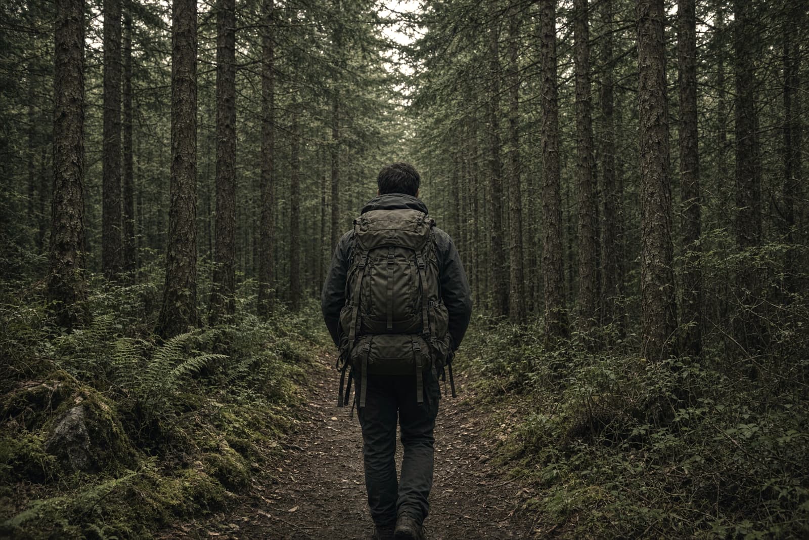 A hiker seen from behind carrying a mid-size framed pack with a snug hip belt on a forest trail