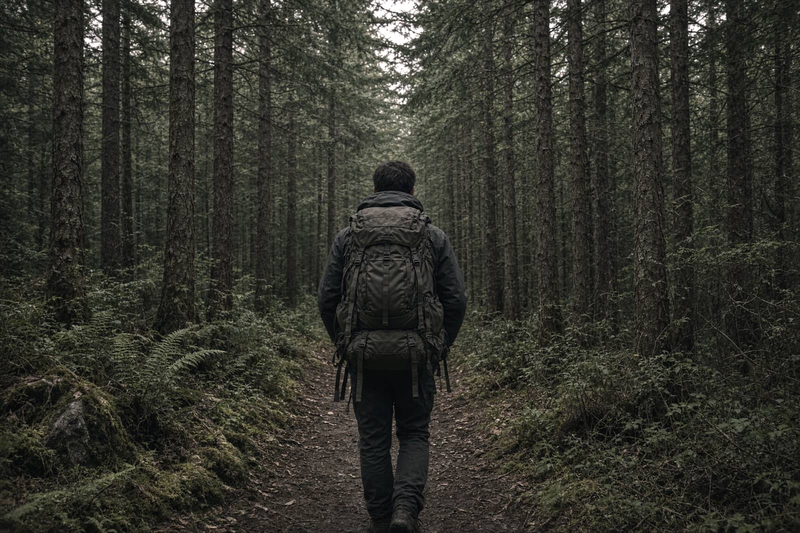 A hiker seen from behind carrying a mid-size framed pack with a snug hip belt on a forest trail