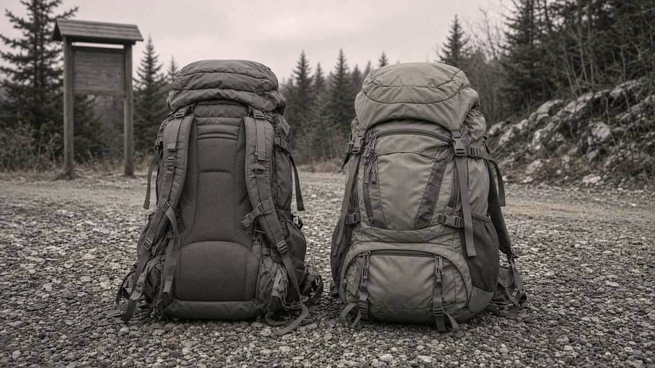 A loaded pack with a suspended mesh back panel beside a loaded pocketed load-hauling pack, gravel trailhead with a wooden
