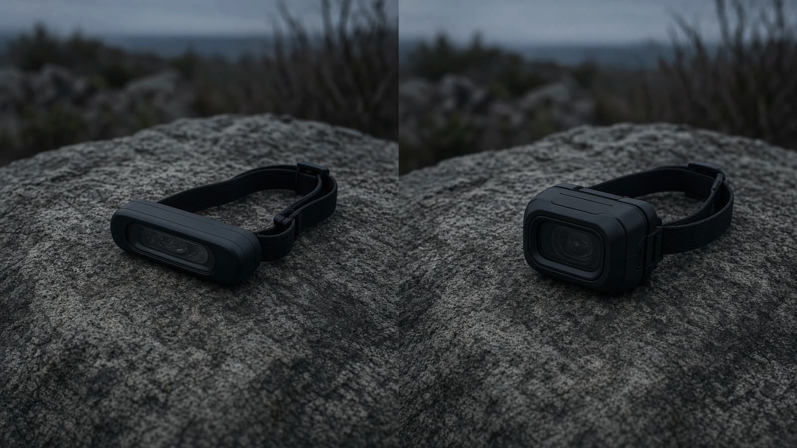 A slim rechargeable headlamp on a rock beside a chunkier rechargeable headlamp on a rock, blue-hour camp