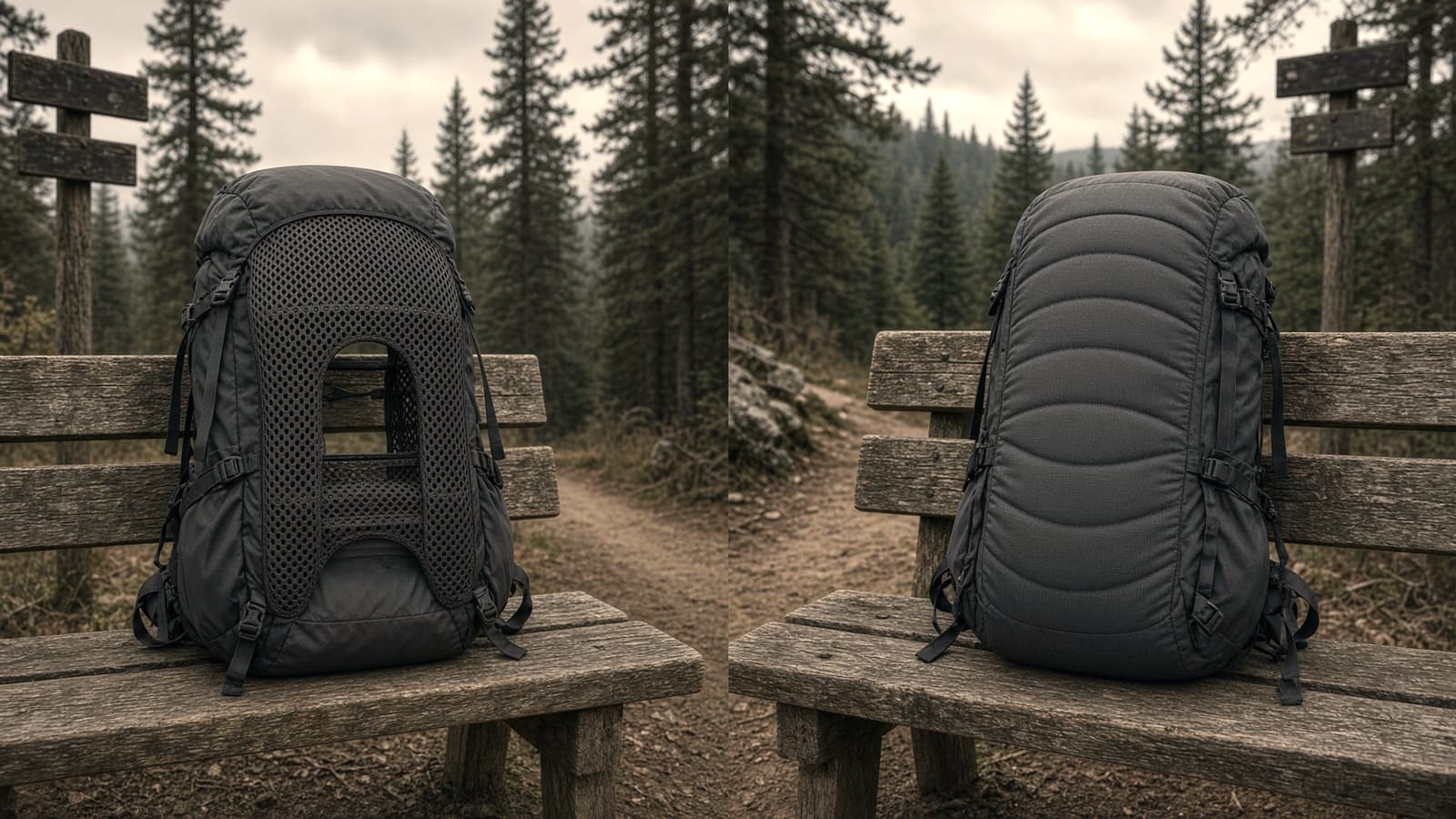 A pack with a ventilated suspended mesh back beside a pack with a padded supportive back panel, trailhead bench